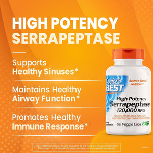 Doctor'S Best High Potency Serrapeptase, Supports Healthy Sinuses and a Healthy Immune System,120,000 SPU, 90 Count
