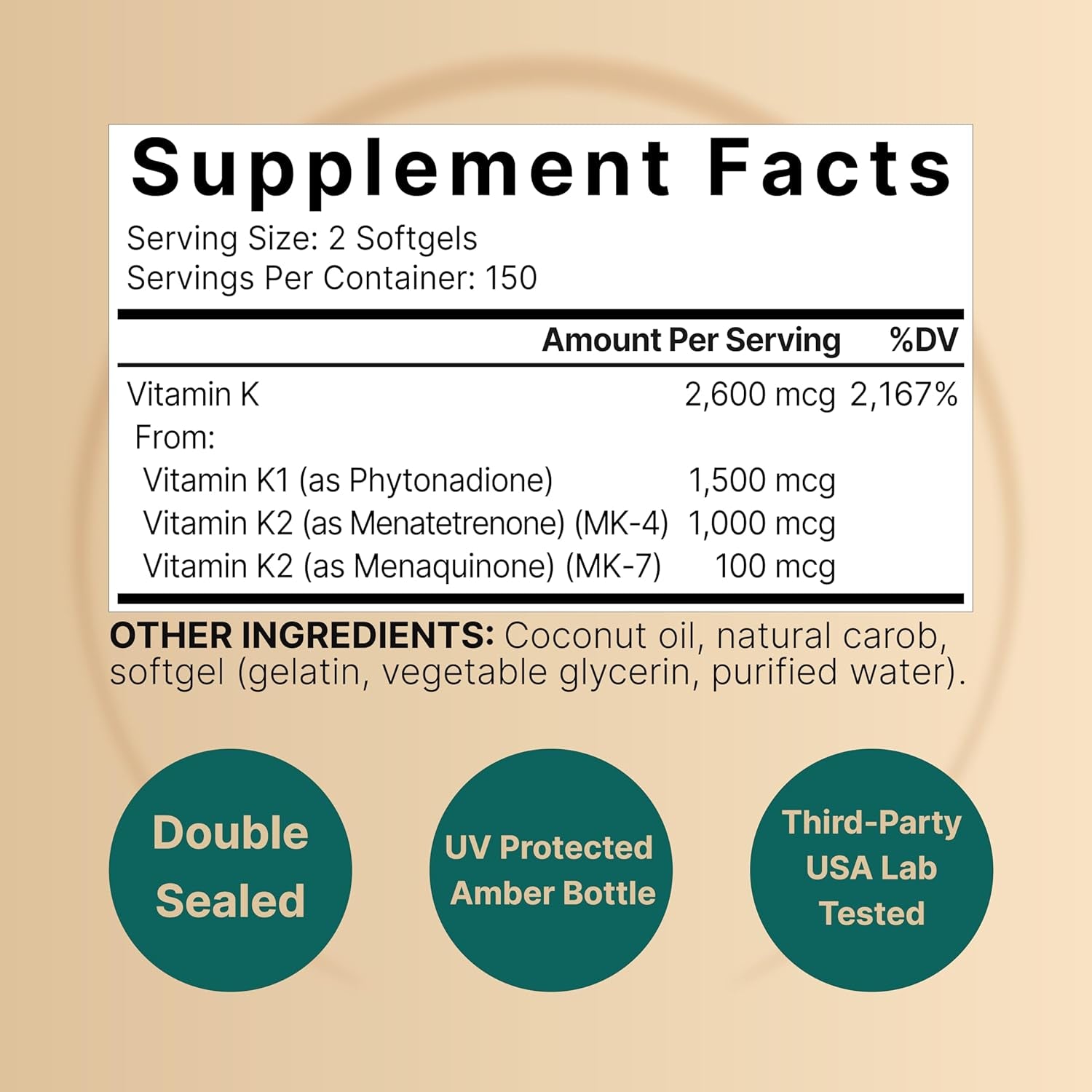 Naturebell Vitamin K Complex, 2,600Mcg per Serving, 300 Coconut Oil Softgels | Heart & Bone Support