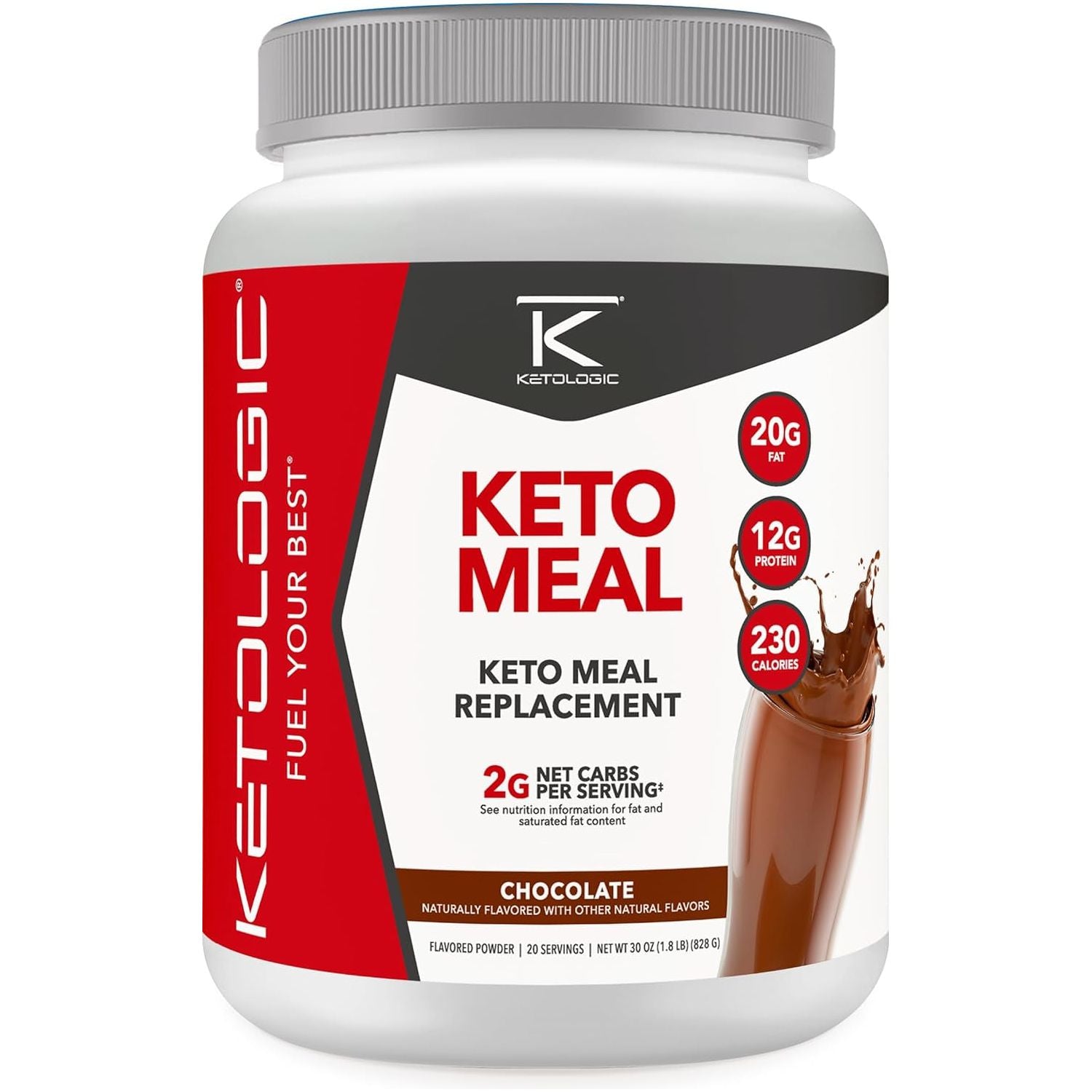 Ketologic Keto Meal Replacement Shake Powder for Optimal Results + MCT Oil + Grass-Fed Whey -20 Servings - Chocolate