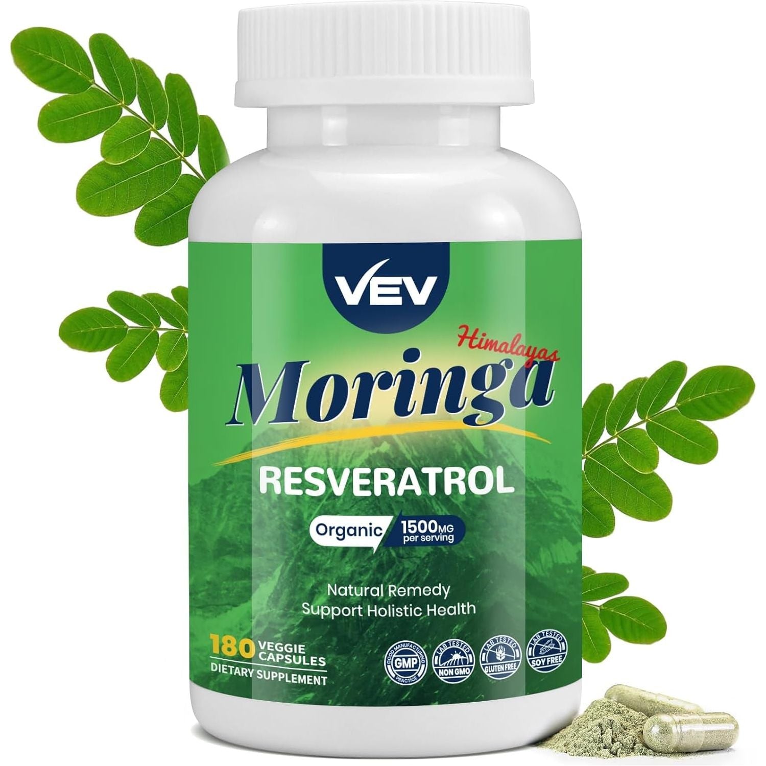 VEV Moringa Capsules with Resveratrol 500Mg & Turmeric Curcumin Supplement (180 Counts)