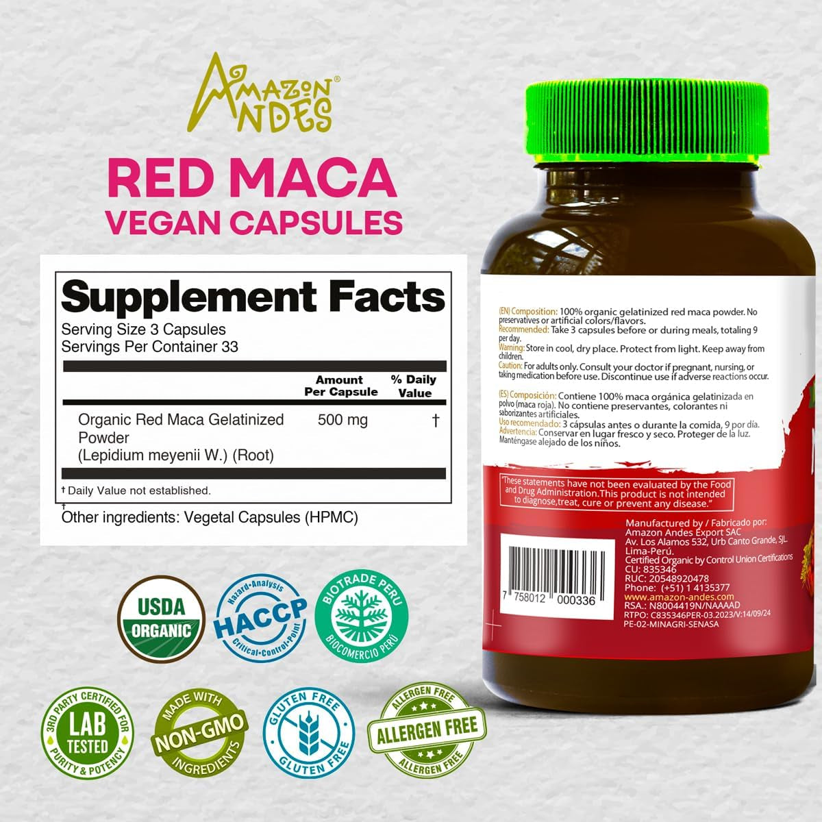 Amazon Andes Red Maca Root Capsules - Female Health Supplement - 100 Vegan Pills (1500Mg) - Made in Peru
