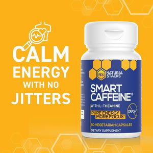 NATURAL STACKS Smart Caffeine Pills - 100Mg Caffeine + 200Mg L-Theanine Supplement 60 Capsules