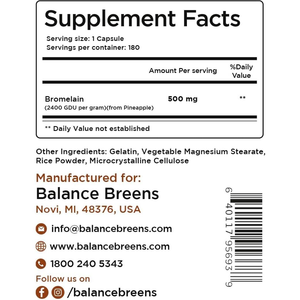 Balancebreens Bromelain 500Mg, 180 Capsules - Pineapple Extract Digestive Enzyme, Supports Digestion and Joint Health Supplement