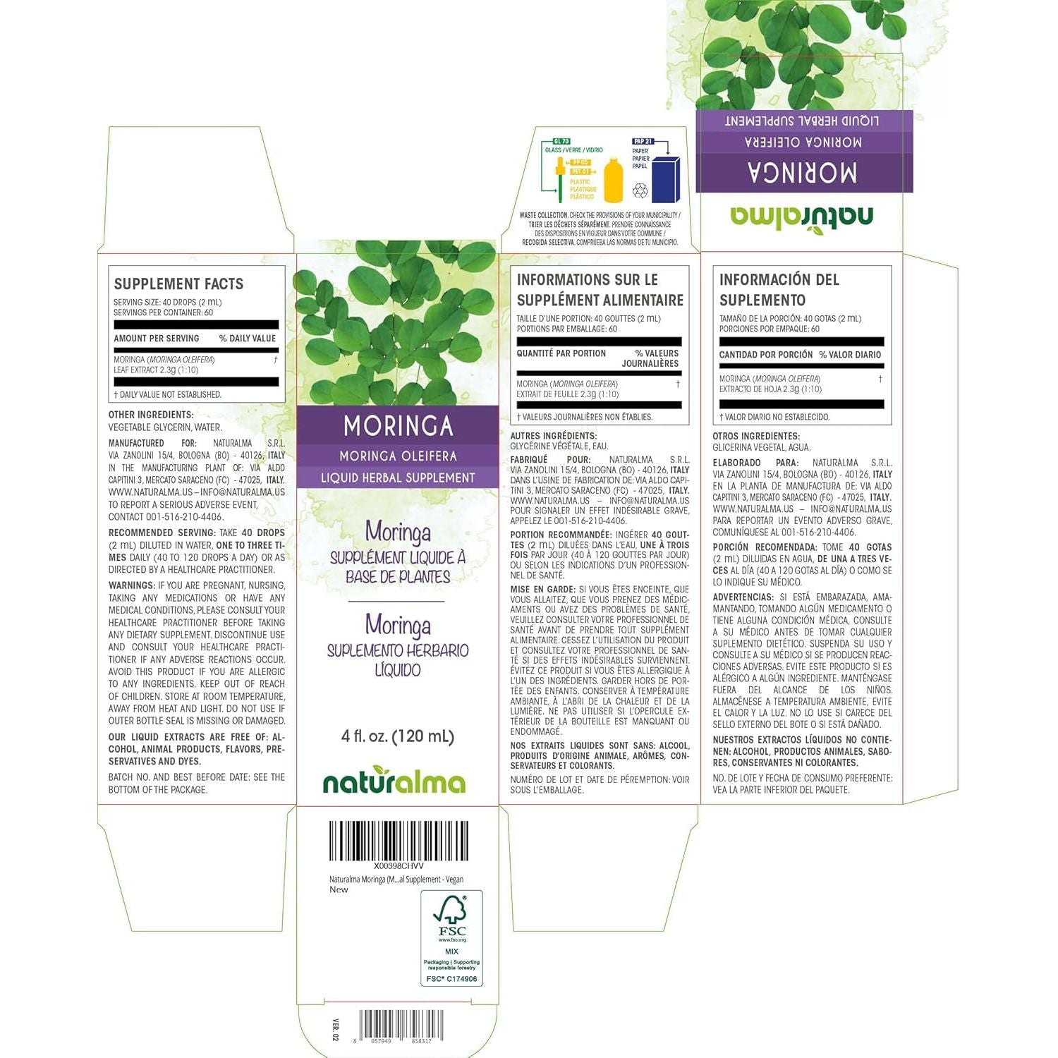 Naturalma Moringa Leaf Alcohol-Free Tincture - 4 Fl Oz Liquid Extract in Drops