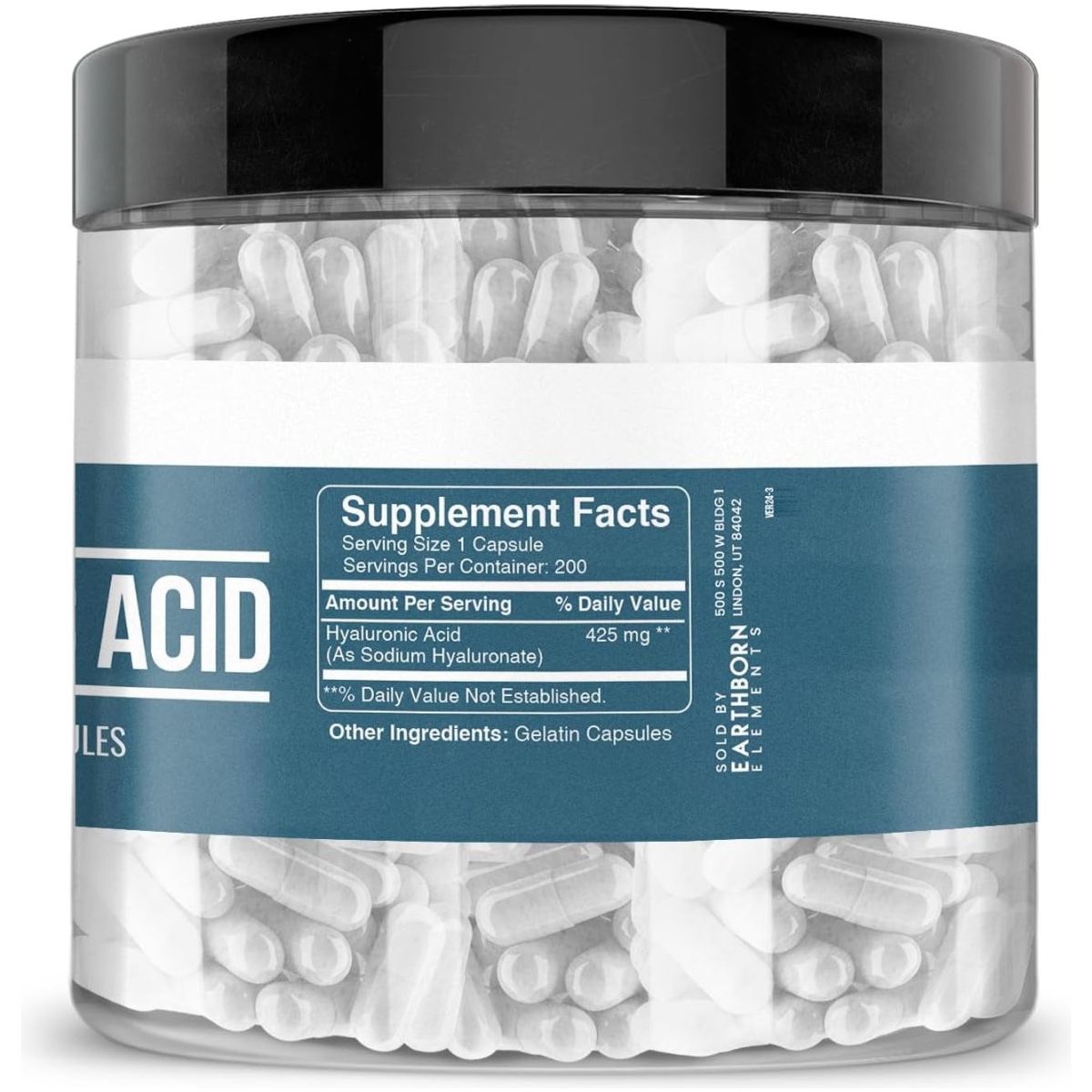 Earthborn Elements Hyaluronic Acid 200 Capsules, Pure & Undiluted, No Additives - Suppviv