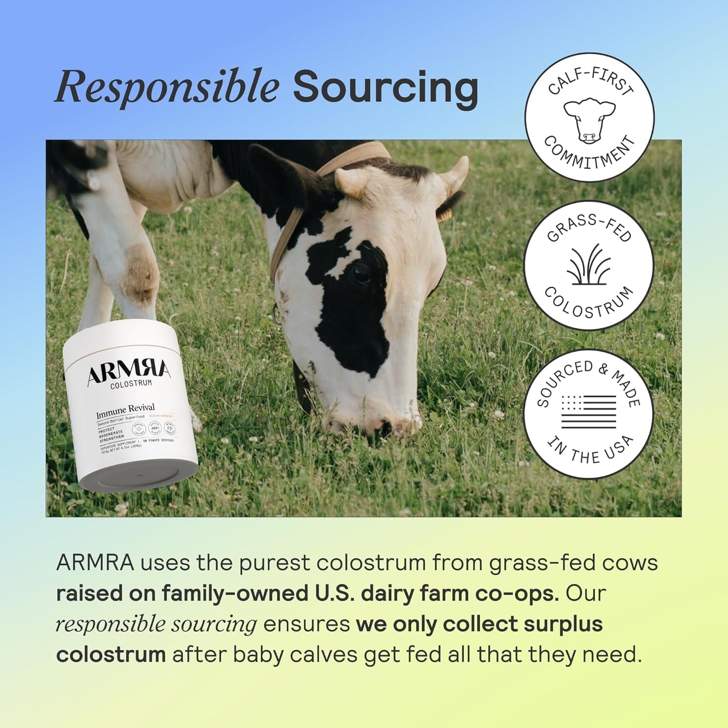 ARMRA Colostrum™ Premium Powder, Grass Fed, Gut Health Bloating Immunity Skin & Hair, 120 Servings