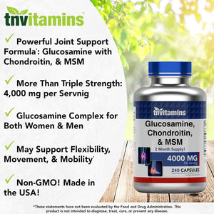Glucosamine, Chondroitin, & MSM | Joint Support Supplement Complex* (4000 MG - 240 Capsules)