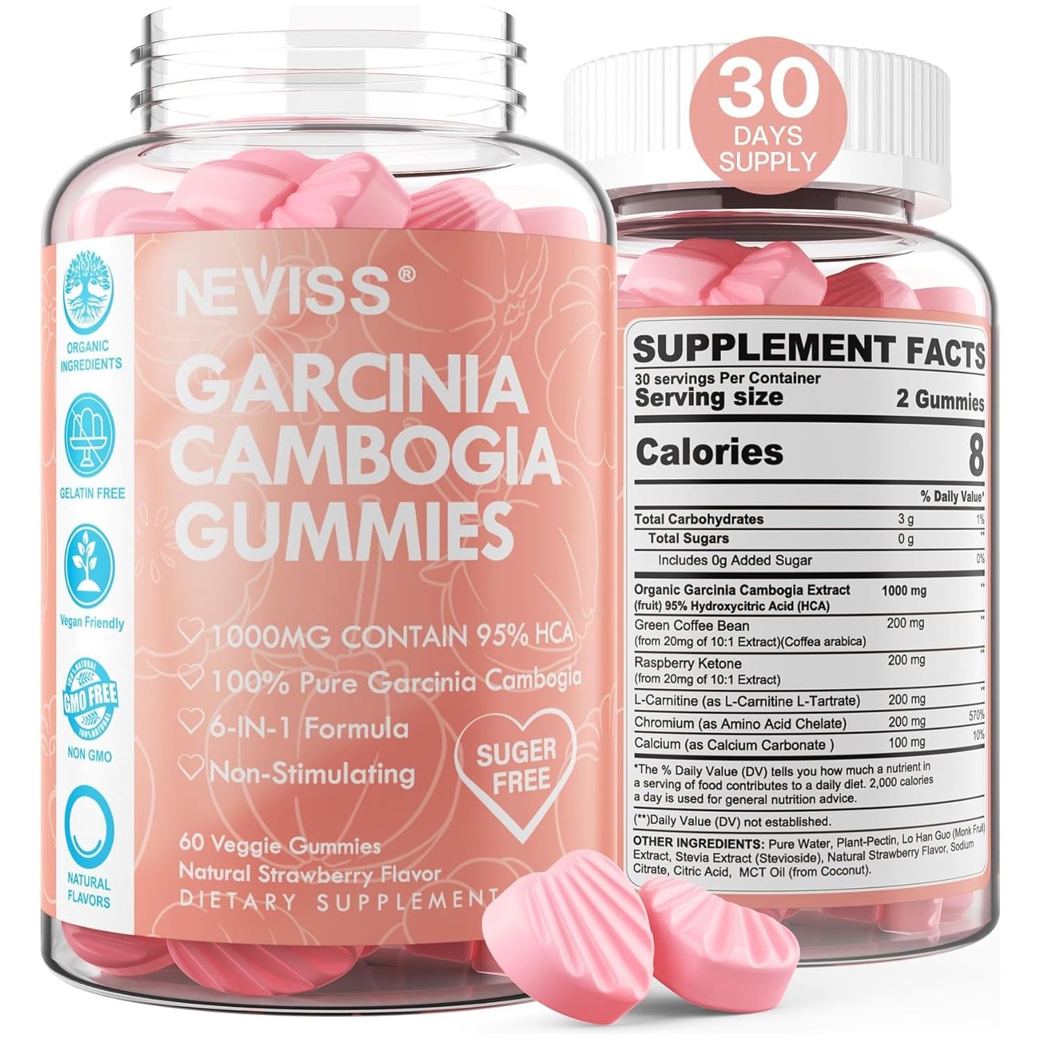 Sugar Free Garcinia Cambogia Gummies 1000Mg 95% HCA Pure Extract, Strawberry Flavor 60 Count