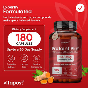 Projoint plus Joint Support Supplement with Glucosamine Sulfate, Chondroitin, MSM, Turmeric, Boswellia & Bromelain - 180 Capsules