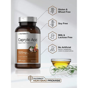 Horbaach Caprylic Acid 1320Mg Supplement | 150 Softgel Capsules | from MCT Oil | Non-Gmo & Gluten Free