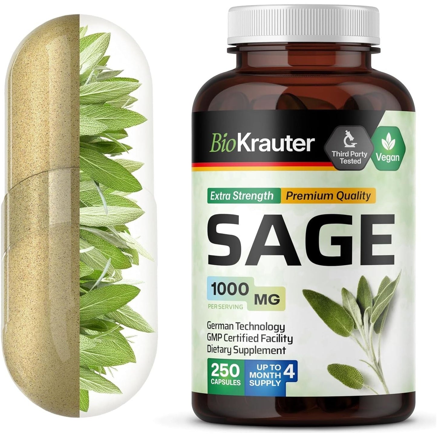 BIO KRAUTER Sage Supplement Capsules 1000 Mg - Immune & Digestive Support (250 Vegan Caps)