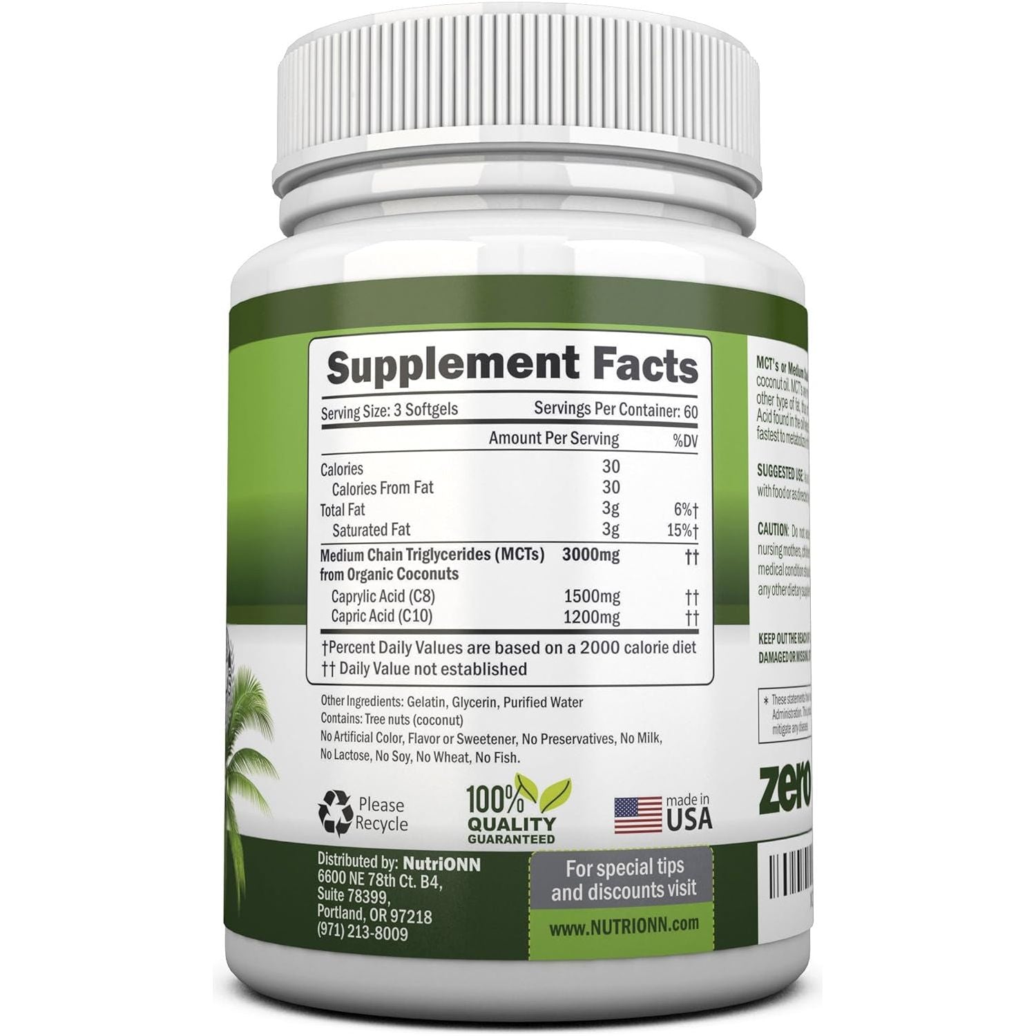 MCT Oil - Great for Focus & Gut Health - Non GMO, Cold Pressed, Paleo Friendly Capsules - 180 Softgels/3000mg