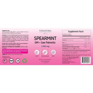 Spearmint Leaf Capsules Supplement - Enhanced with DIM & Saw Palmetto, for Unwanted Hair, Women' Health & Skin *USA Made & Tested* - 1380Mg/Serving, 60 Capsules (30 Servings)