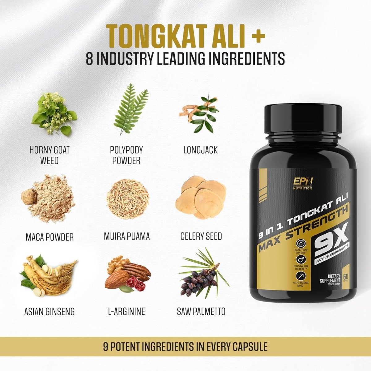 EPN Supplements |Tongkat Ali + Horny Goat Weed | Fast Acting Blood Flow, Increase Stamina & Muscle Growth 60 Capsules - Suppviv
