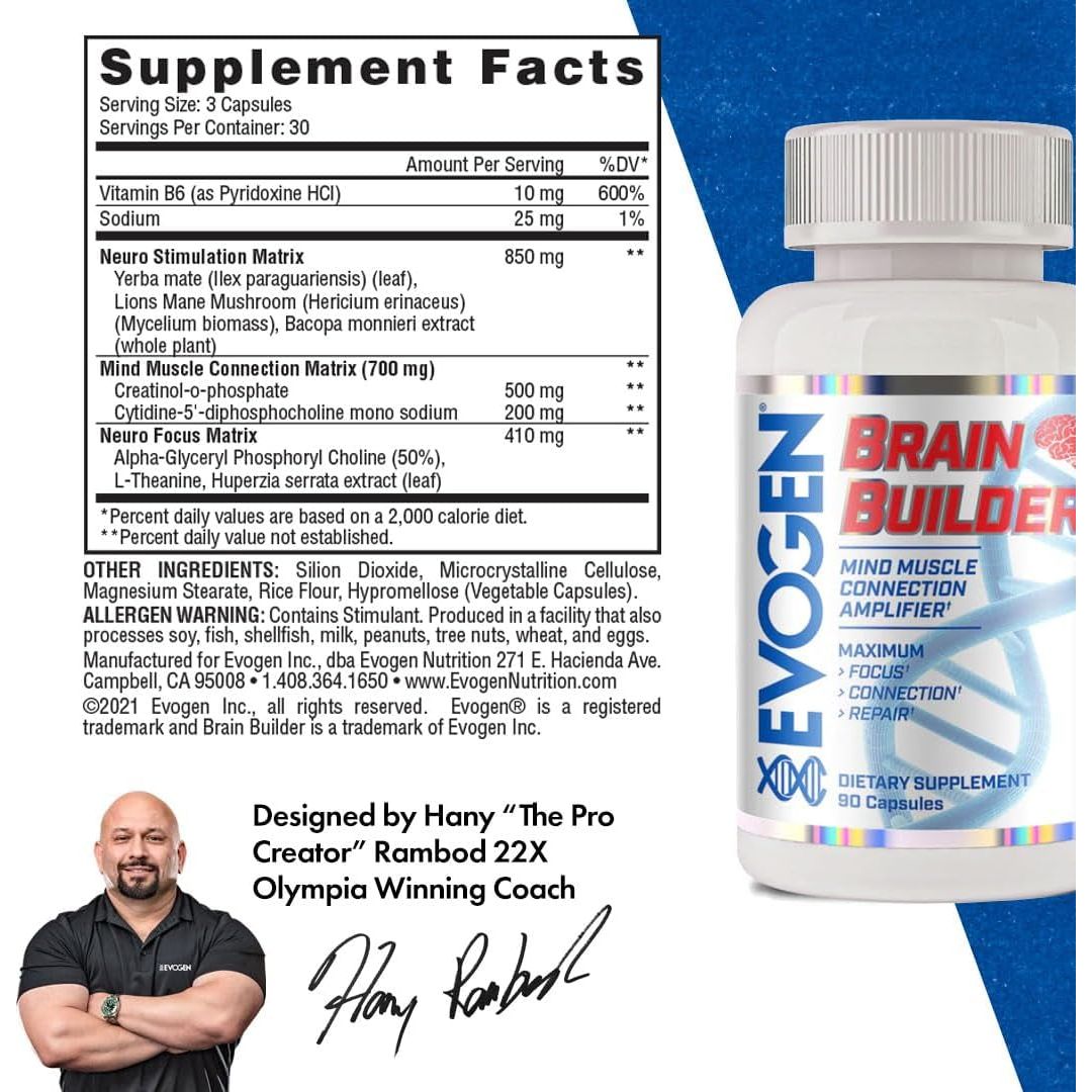 Evogen Brain Builder - Mind - Muscle Connection Amplifier | Boosts Focus, Concentration, & Connection | 90 Capsules - Suppviv