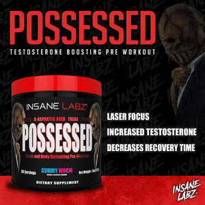 Insane Labz Possessed Low Stimulant Testosterone Boosting Pre Workout Powder, 30 Servings, Gummy Worm
