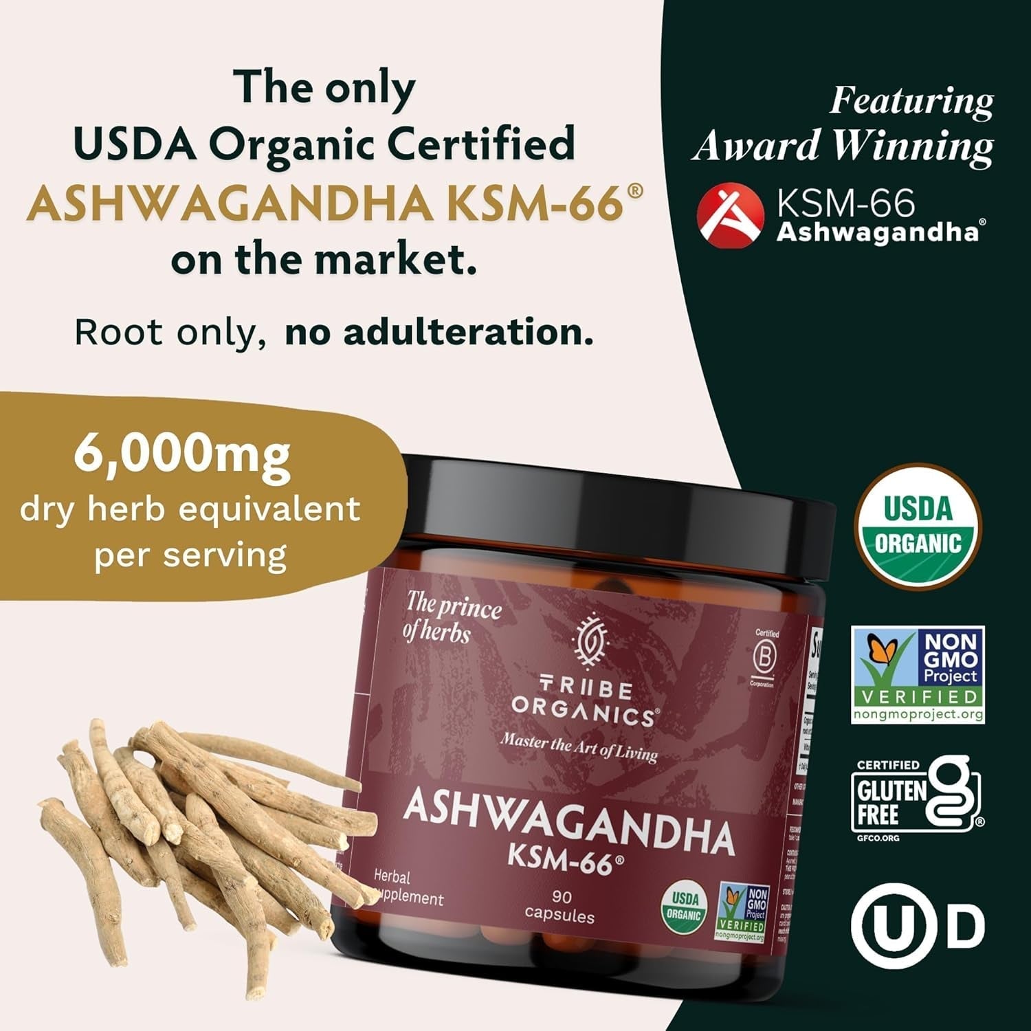 TRIBE ORGANICS Ashwagandha KSM 66 Pure Organic Root Powder Extract Ayurvedic Supplement - 90 Capsules