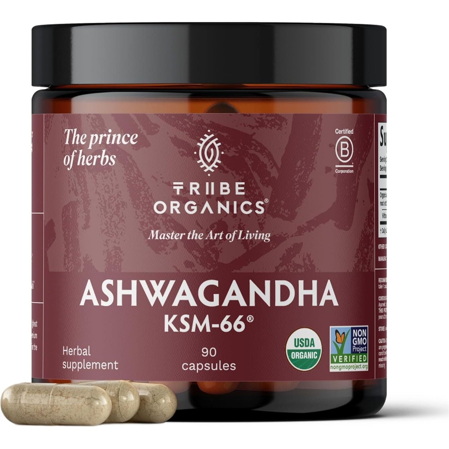 TRIBE ORGANICS Ashwagandha KSM 66 Pure Organic Root Powder Extract Ayurvedic Supplement - 90 Capsules