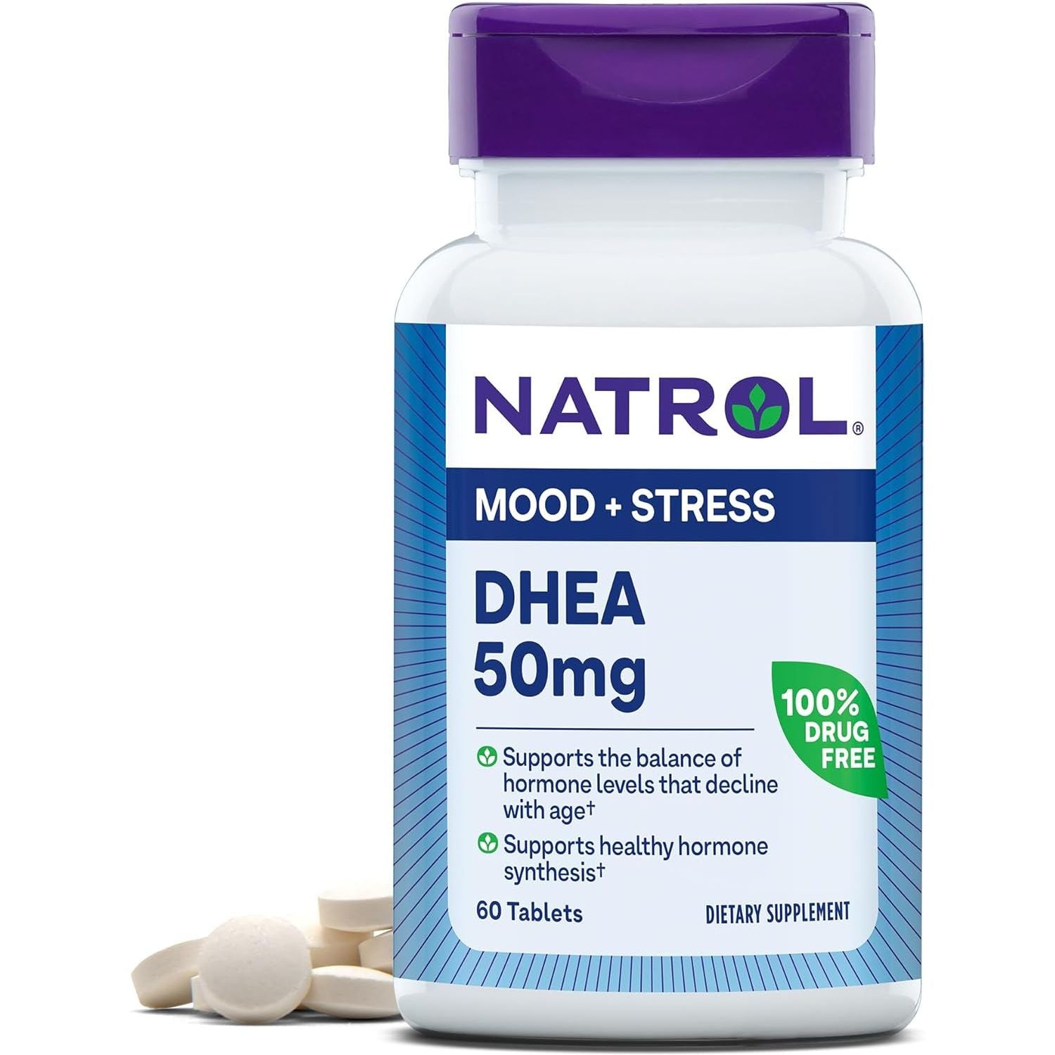 Natrol Mood & Stress DHEA 50Mg with Calcium for Balance of Certain Hormone Level and Mood Support, 60 Tablets