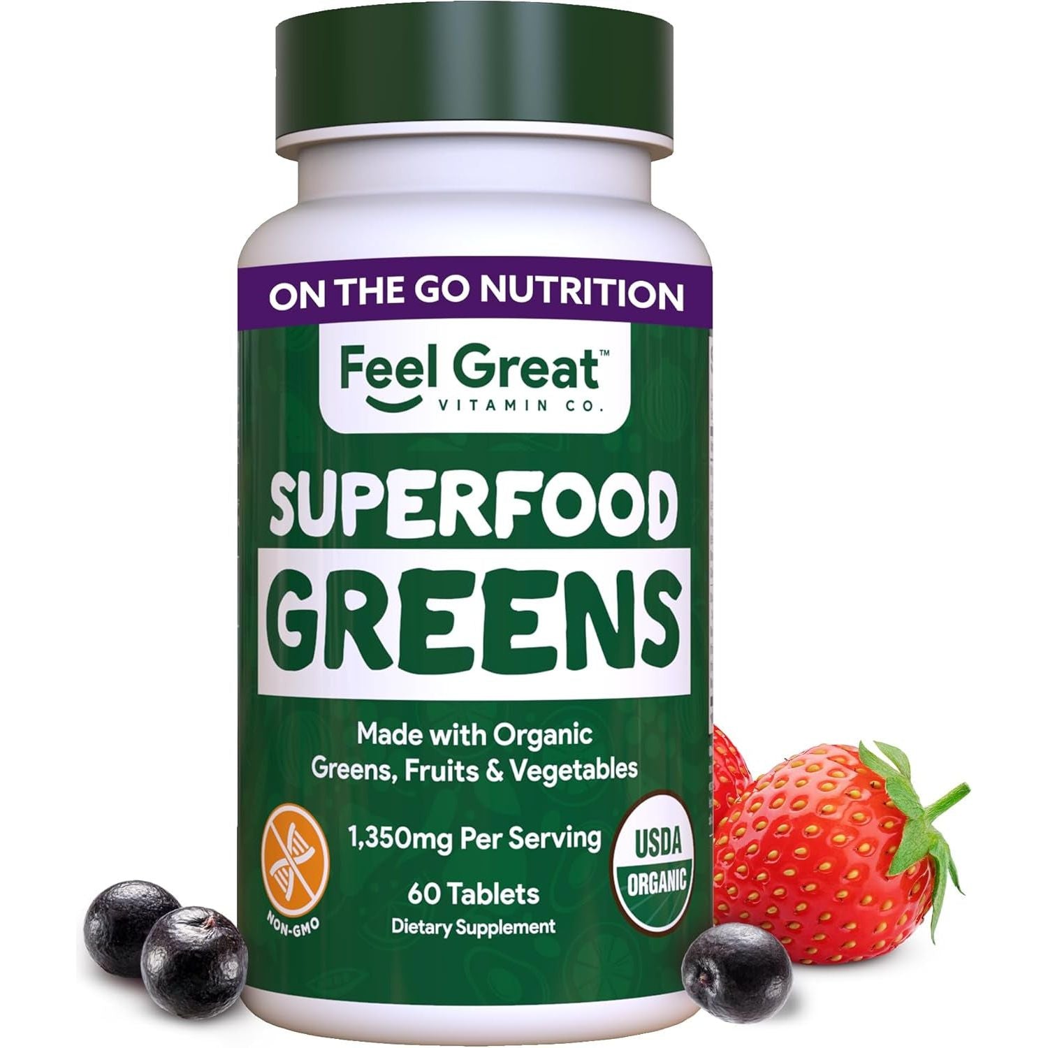 Feel Great Vitamins Super Greens Tablets with Kale, Spinach Extract, Green Onion, and More, 60 Tablets