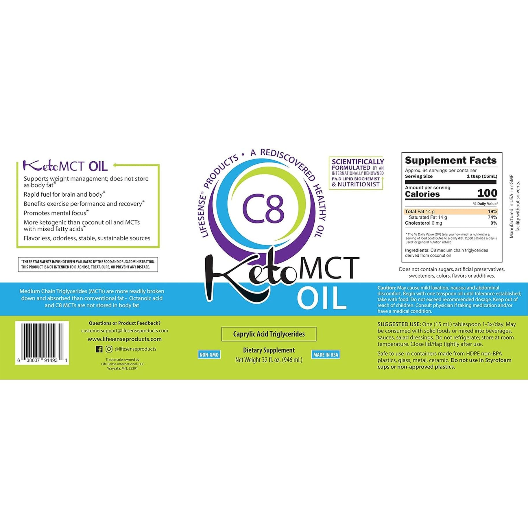 LIFESENSE C8 MCT Oil, Optimal Fuel for the Brain and Body, Made in USA by Phd Nutrition, 32 Oz