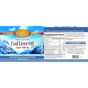 Carlson - Cod Liver Oil Gems, Super 1000 Mg, 250 Mg Omega-3S, 400 IU (10 Mcg) Vitamin D3 - 250 Softgels