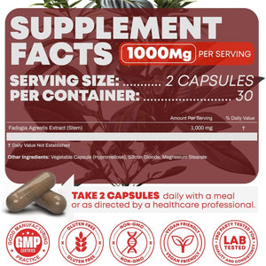 Fadogia Agrestis 1000Mg per Serving Supplement to Increase Energy, Athletic Performance & Muscle Mass (60 Capsules)