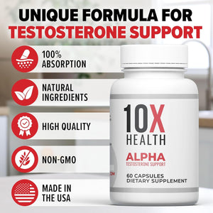 10X Health Alpha Testosterone Support - Muscle Support for Men with Tongkat Ali 1000Mg (60 Capsules, 2X Daily)