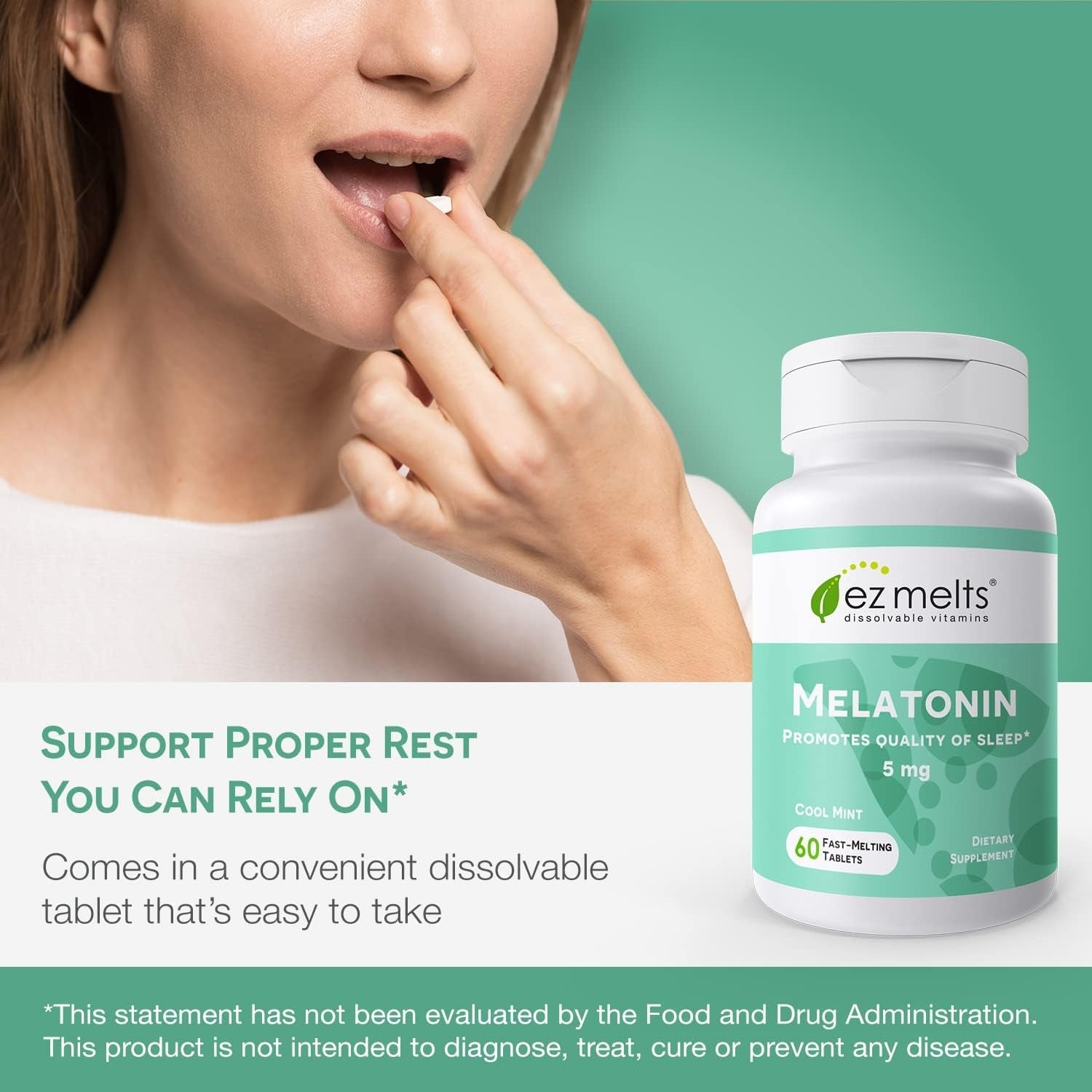 EZ Melts Dissolvable Melatonin, 5 Mg, Sugar-Free, 2-Month Supply, Cool Mint-Flavored