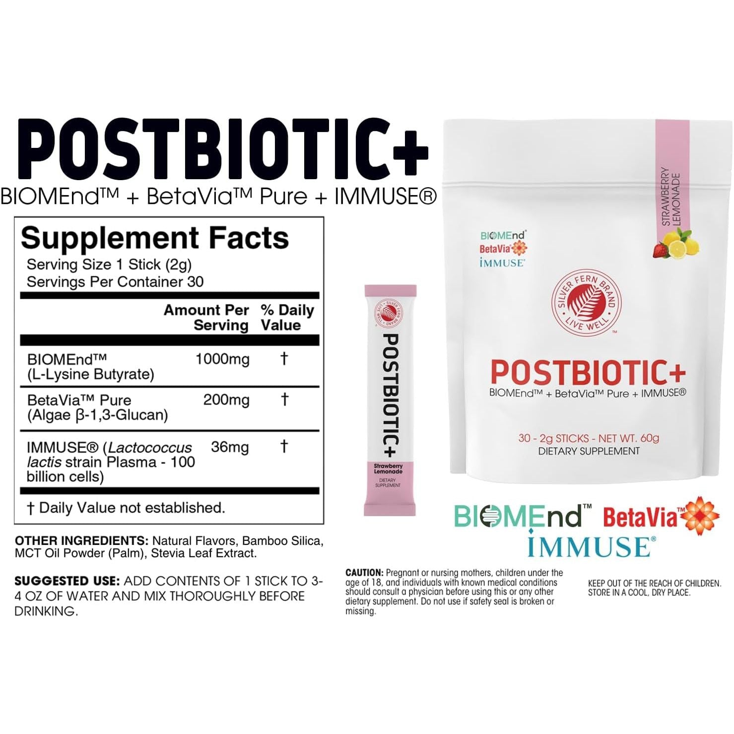 Silver Fern Brand Postbiotic+ Strawberry Lemonade Powder – Supports the Digestive System & Overall Wellness – 30 Stick Packs