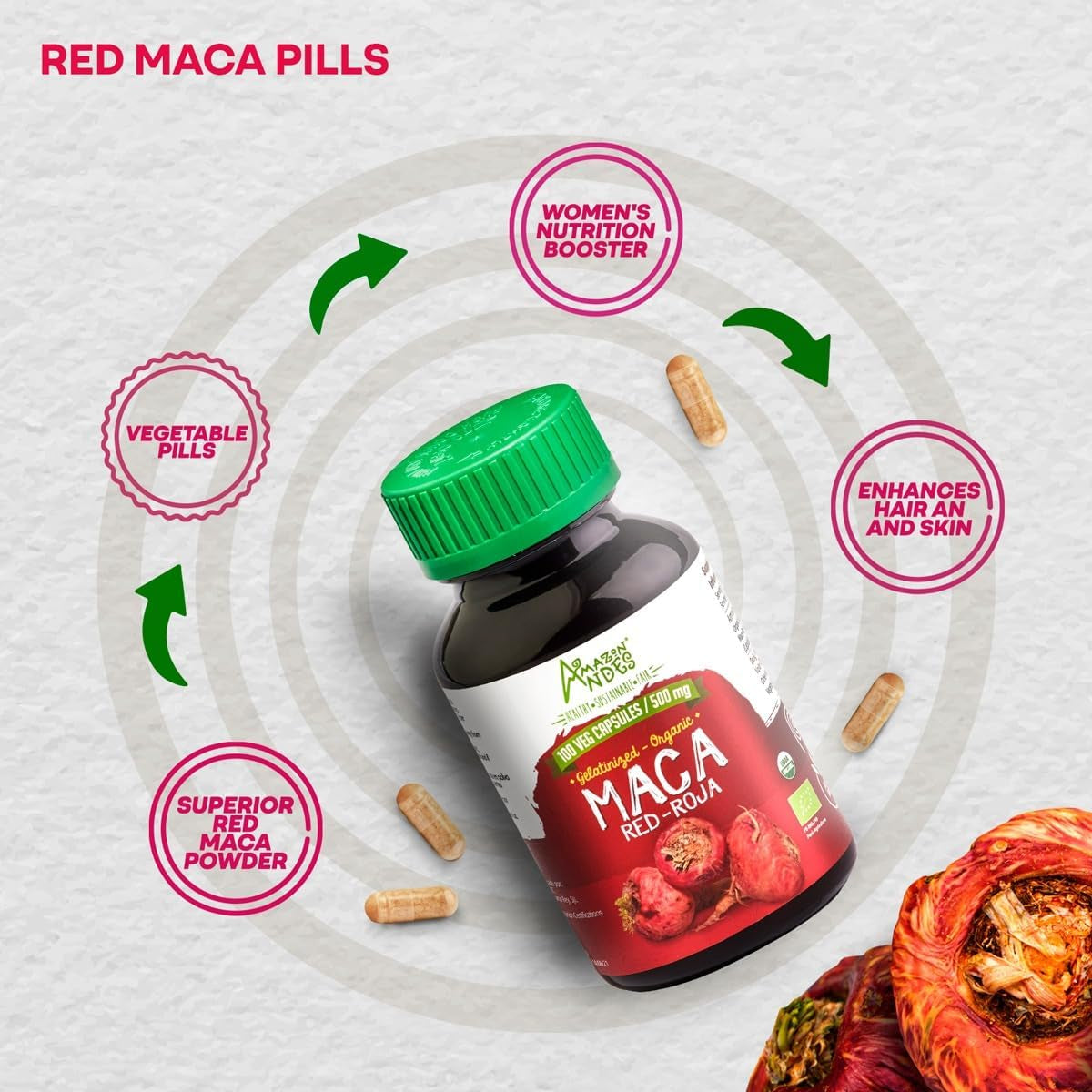 Amazon Andes Red Maca Root Capsules - Female Health Supplement - 100 Vegan Pills (1500Mg) - Made in Peru