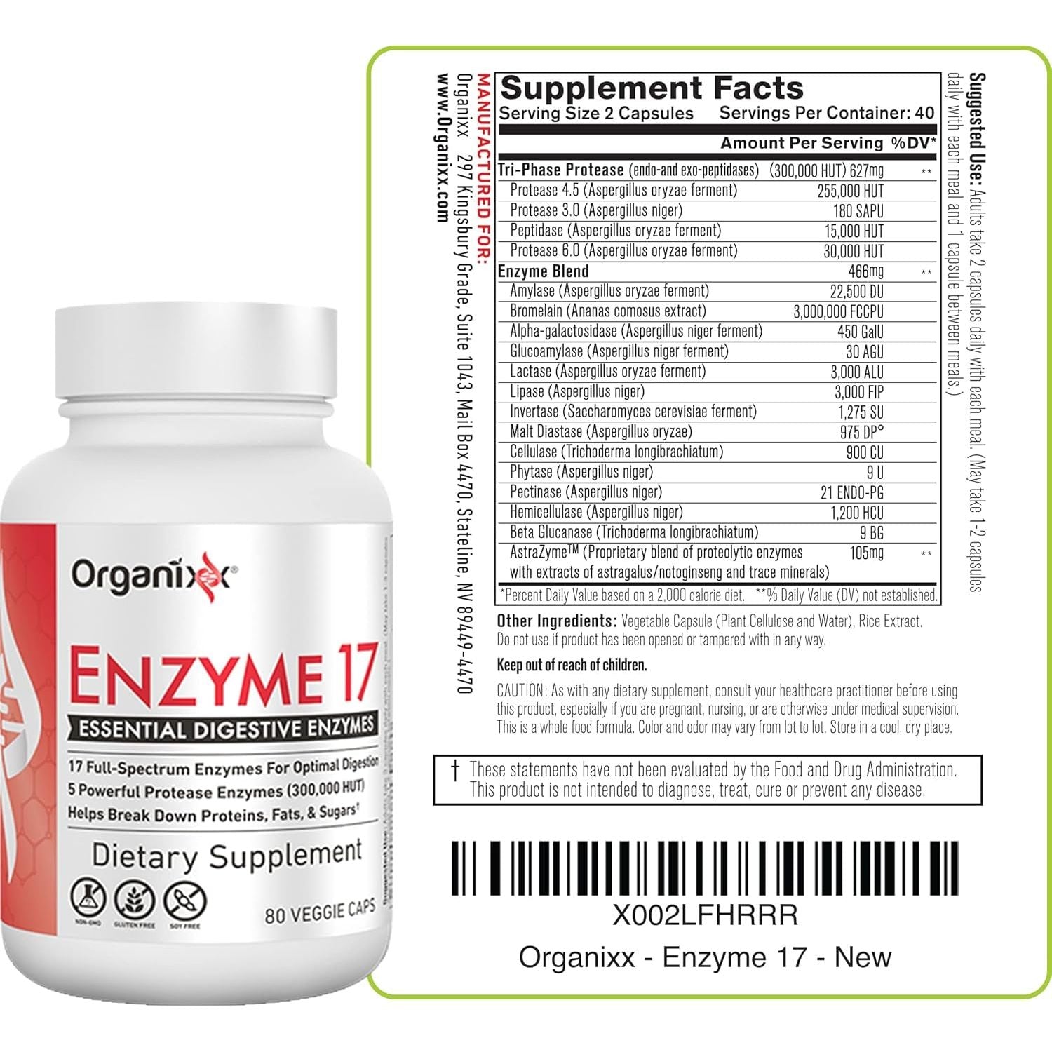 Organixx Enzyme 17 Essential Digestive Enzymes for Gut Health & Optimal Digestive Health, 80 Veggie Capsules