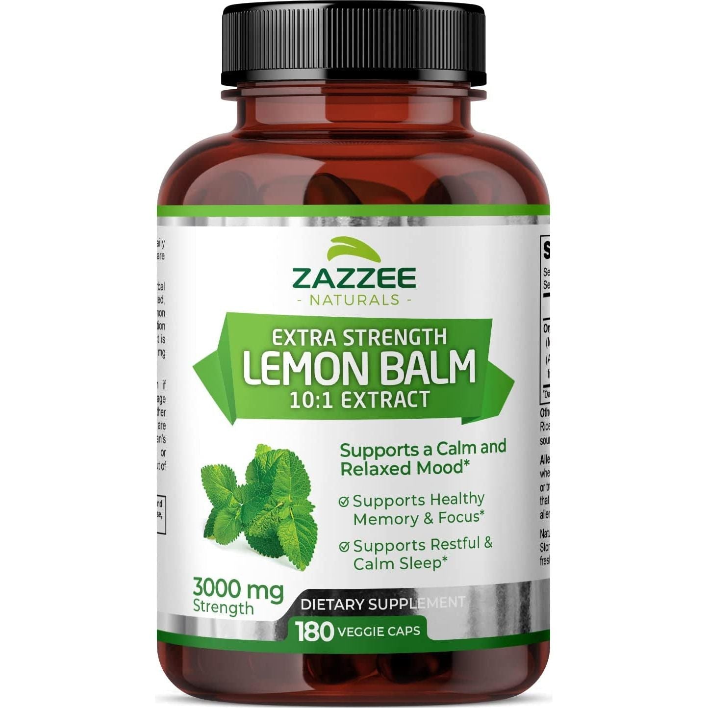 Zazzee Organic Lemon Balm 10:1 Extract (3000 Mg/180 Vegan Capsules)