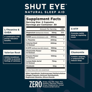 Shut Eye Natural Sleep Aid Supplement for Adults | 5Mg Melatonin 60 Capsules