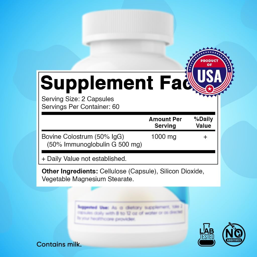 Vitamatic Bovine Colostrum Supplement 1000 Mg - for Gut Health, Hair Growth, Beauty, Muscle Recovery, & Immune Support - 120 Capsules