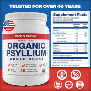 Yerba Prima Organic Psyllium Whole Husks Colon Cleanser - Natural Daily Dietary Fiber Supplement 20 Oz