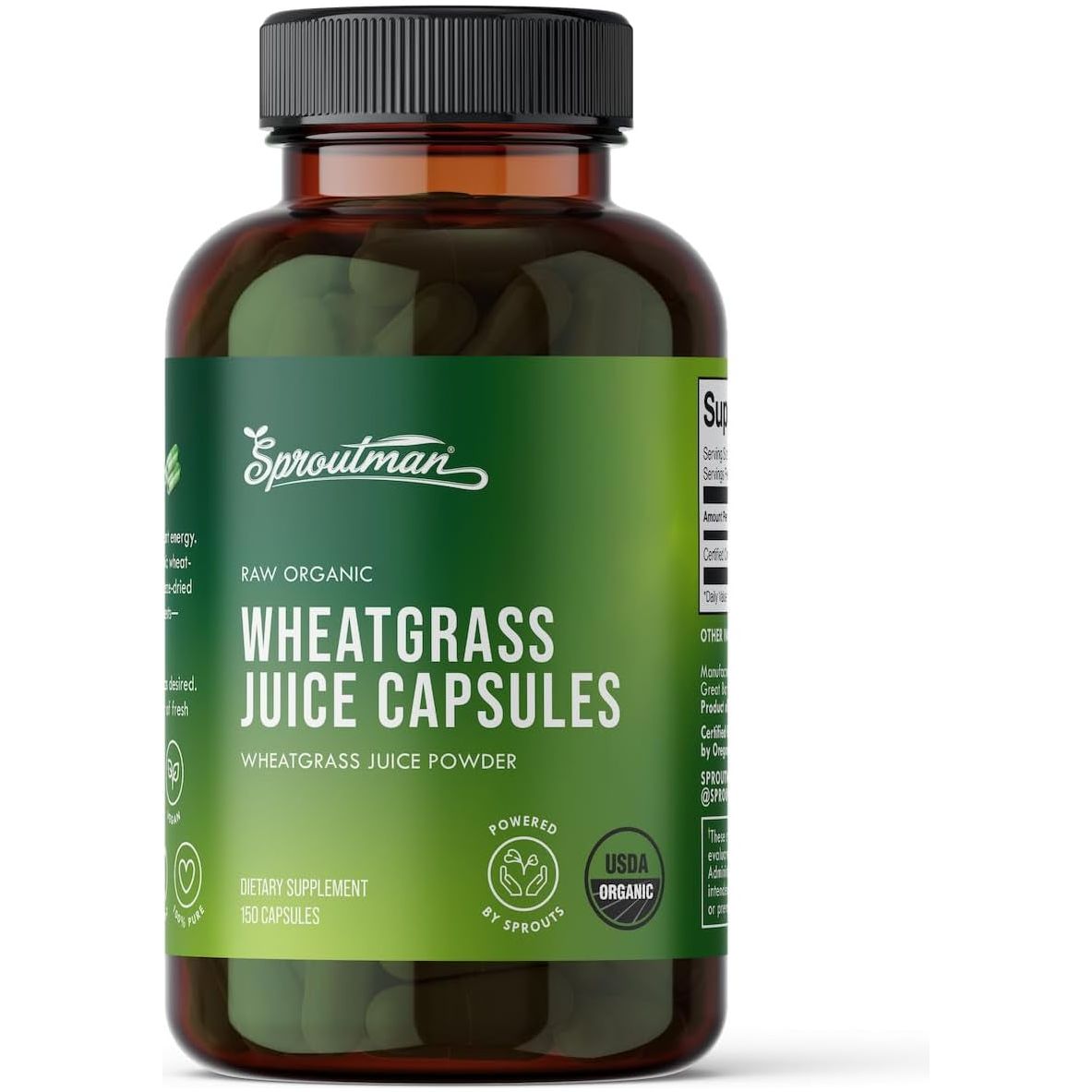 Organic Wheatgrass Juice Powder Capsules by Sproutman - Aids Digestion - (150 Pills)