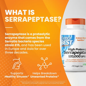Doctor'S Best High Potency Serrapeptase, Supports Healthy Sinuses and a Healthy Immune System,120, 000 SPU, 270 Veggie Caps