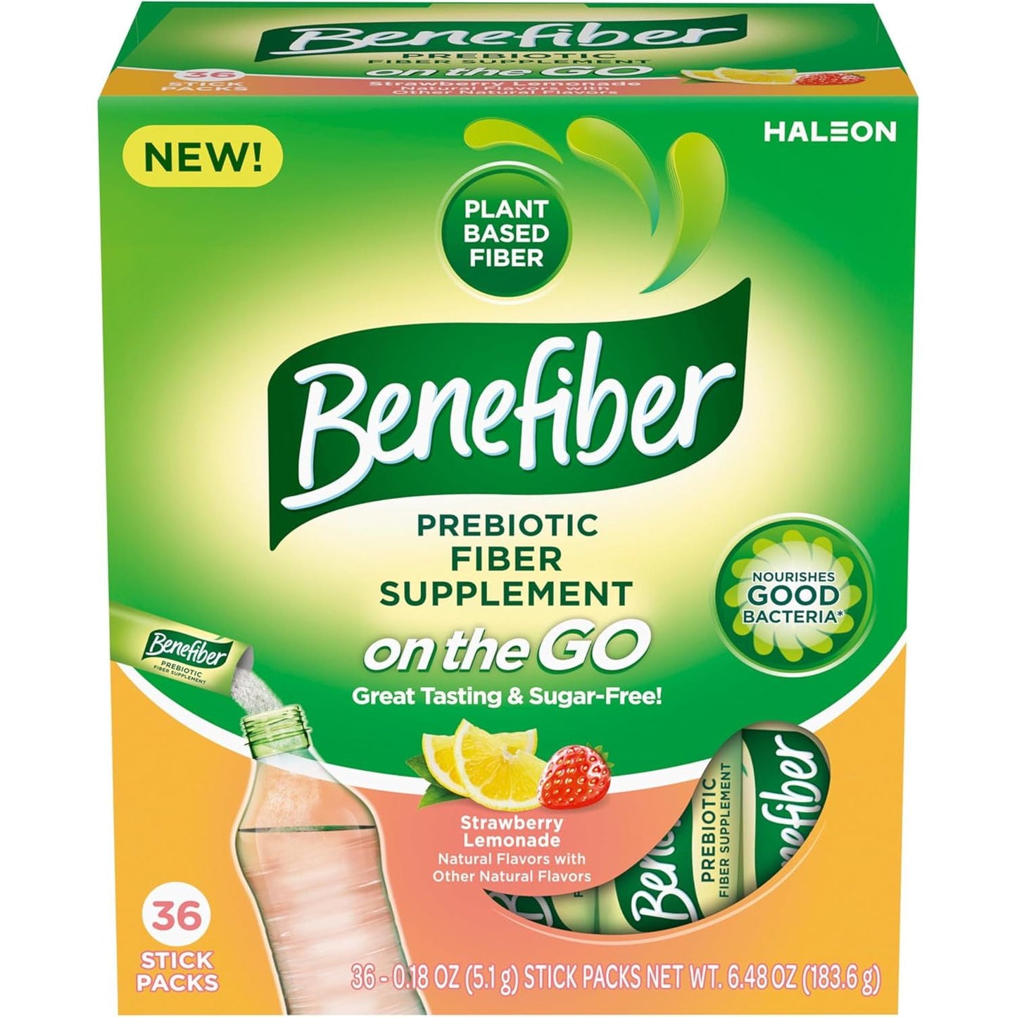 Benefiber Fiber Supplement, Strawberry Lemonade, on the Go Stick Packs, 36 Count