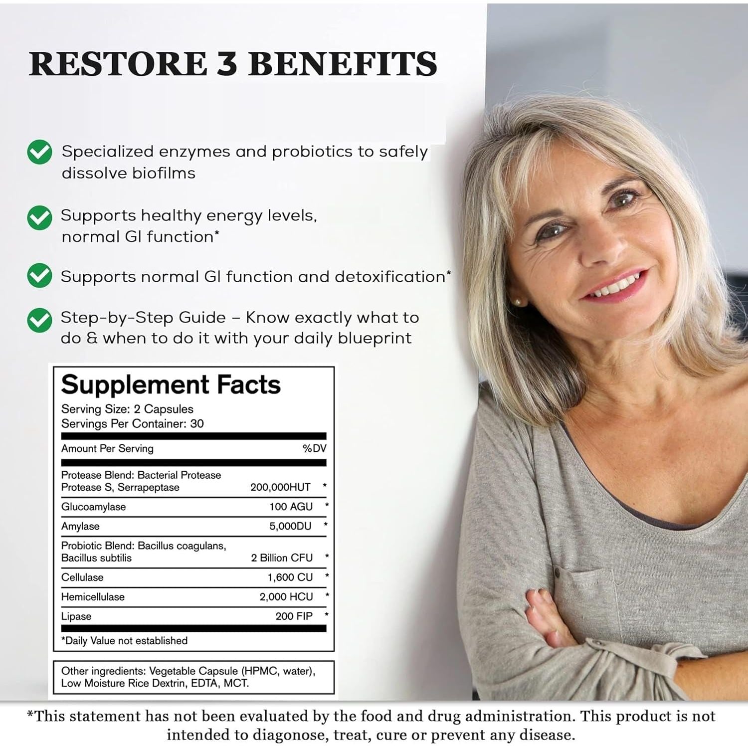 Restore 3 Proteolytic Enzyme & Spore Probiotic Blend Supplement - 60 Capsules