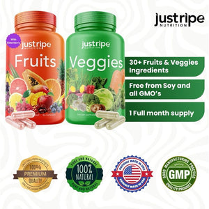 Fruits and Veggies Supplement - 90 Fruit and 90 Vegetable Capsules - 100% Whole Natural Superfood - Supports Energy Levels