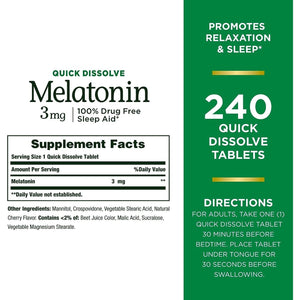 Nature’S Bounty Melatonin 3Mg, 100% Drug Free Sleep Aids for Adults 240 Count (Cherry Flavour)