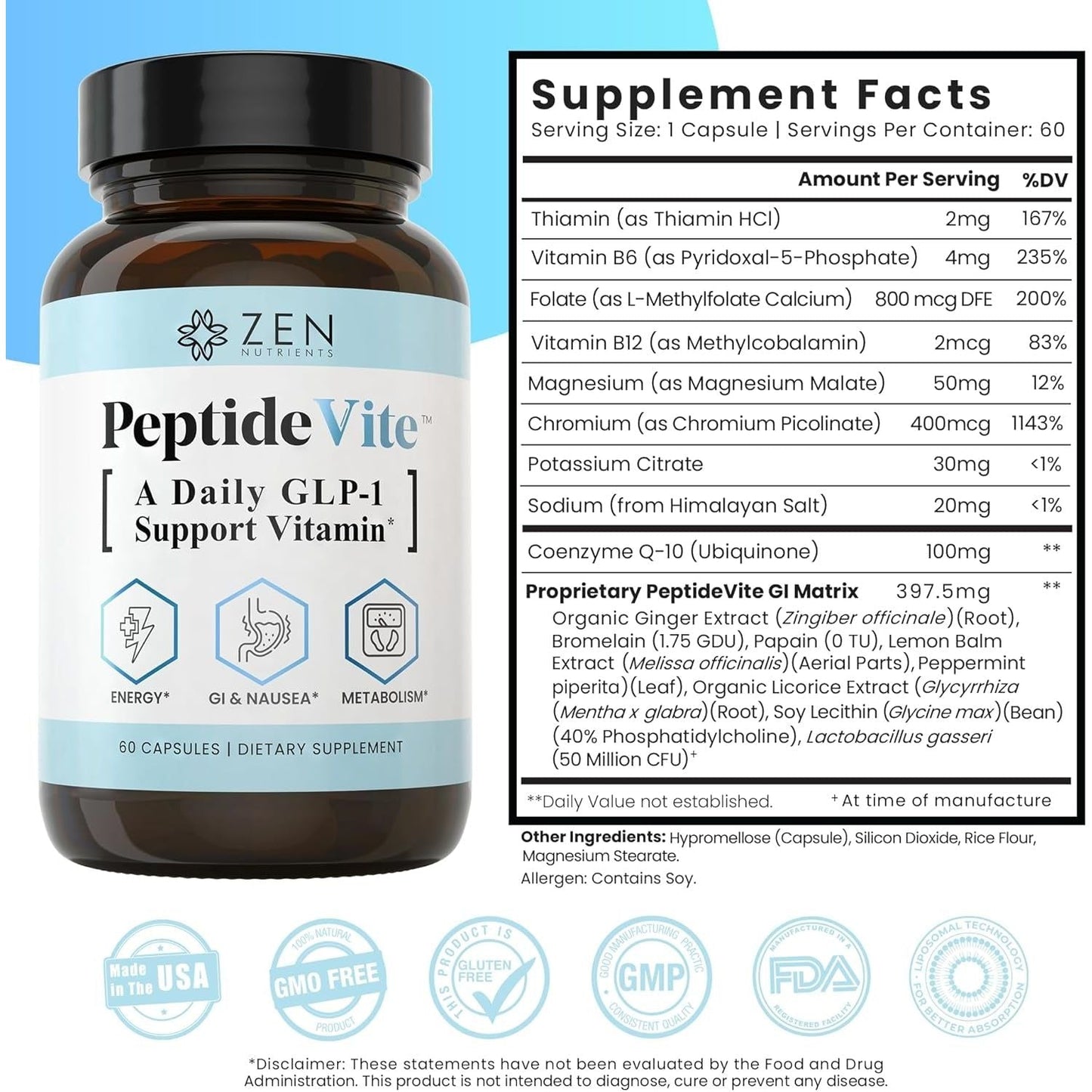 Zen Nutrients Peptidevite GLP-1 Support Vitamin for Gut Health with Probiotics (60 Capsules)