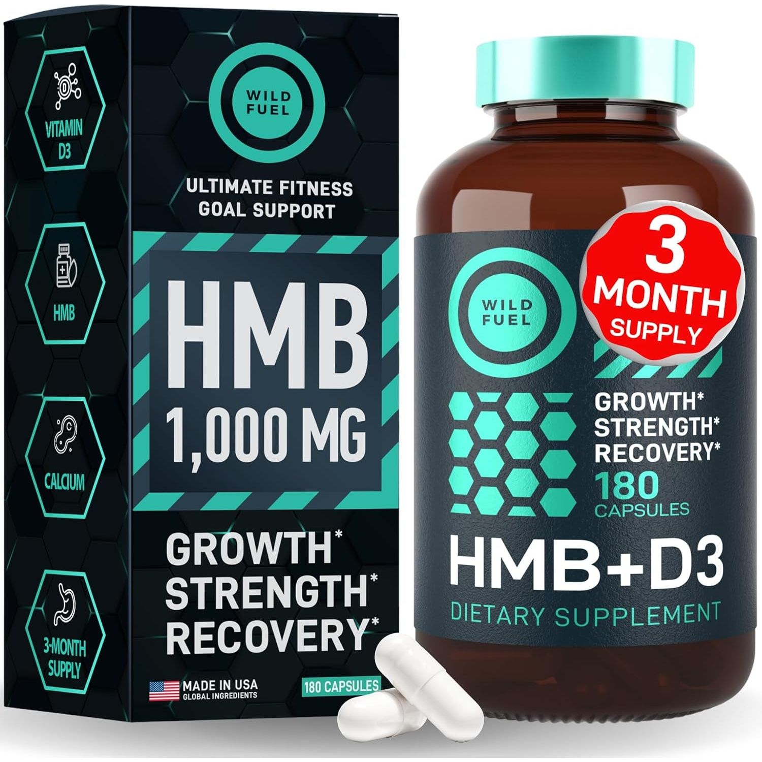 HMB Supplements for Men & Women with Vitamin D3 1,000 MG for Muscle Growth, Strenghth and Fast Workout Recovery - 180 Capsules