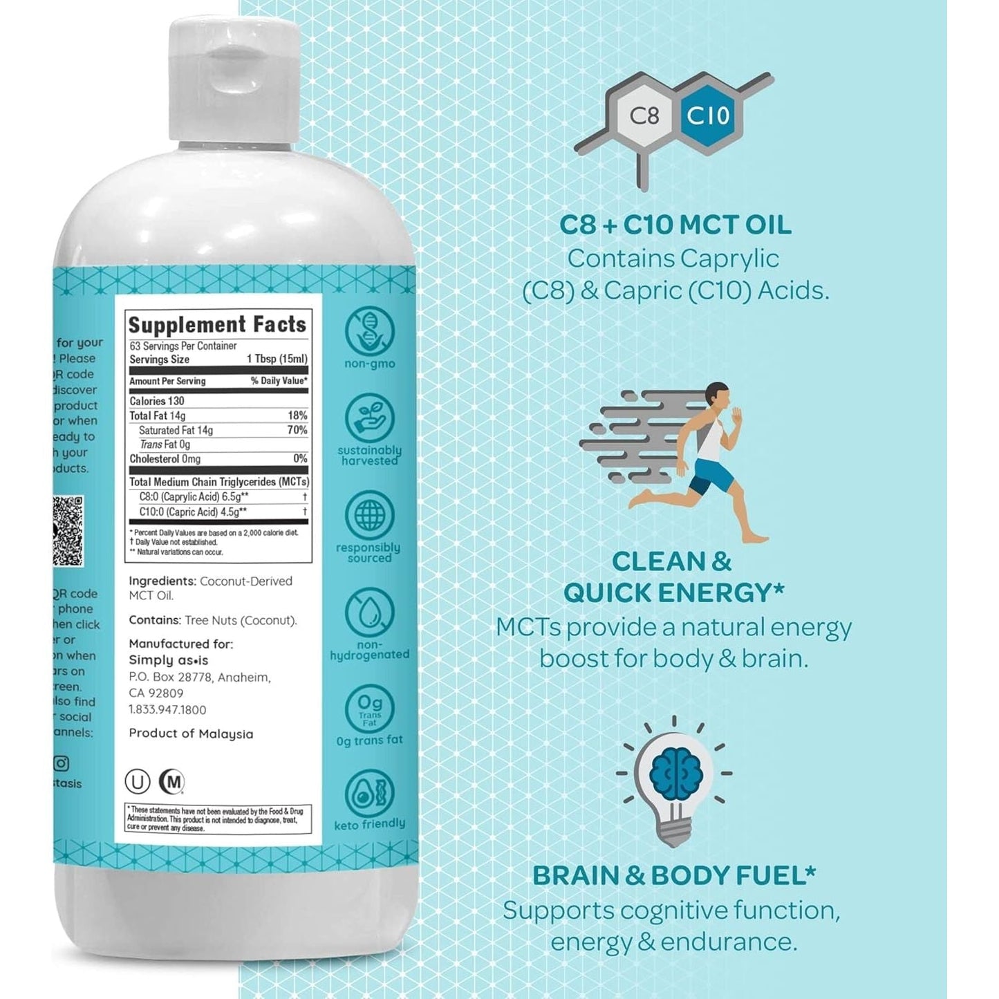 AS-IS Simply Premium MCT Oil C8 & C10 | Unflavored | Quick Clean Energy | 32 Fl Oz (63 Servings)