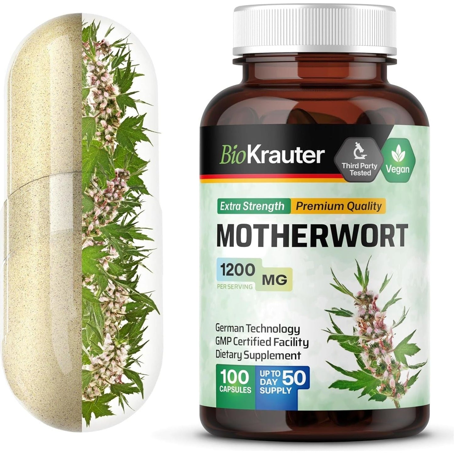 BIO KRAUTER Motherwort Capsules 1200 Mg - 100 Count - Promote Relaxation - for Women