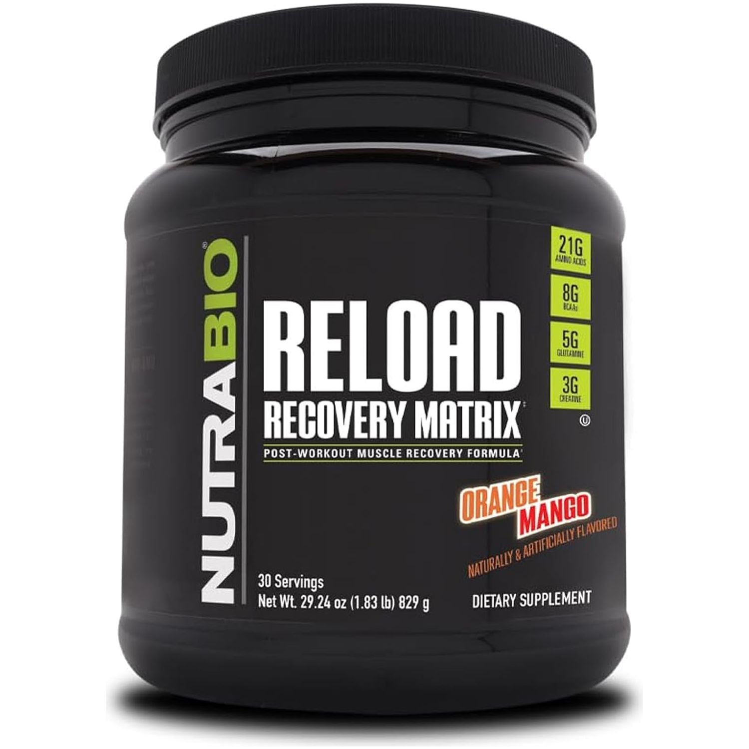 Nutrabio Reload - Powerful Muscular Recovery Formula - 3G Creatine, 8G Bcaas, 5G Glutamine - 30 Servings, Orange Mango