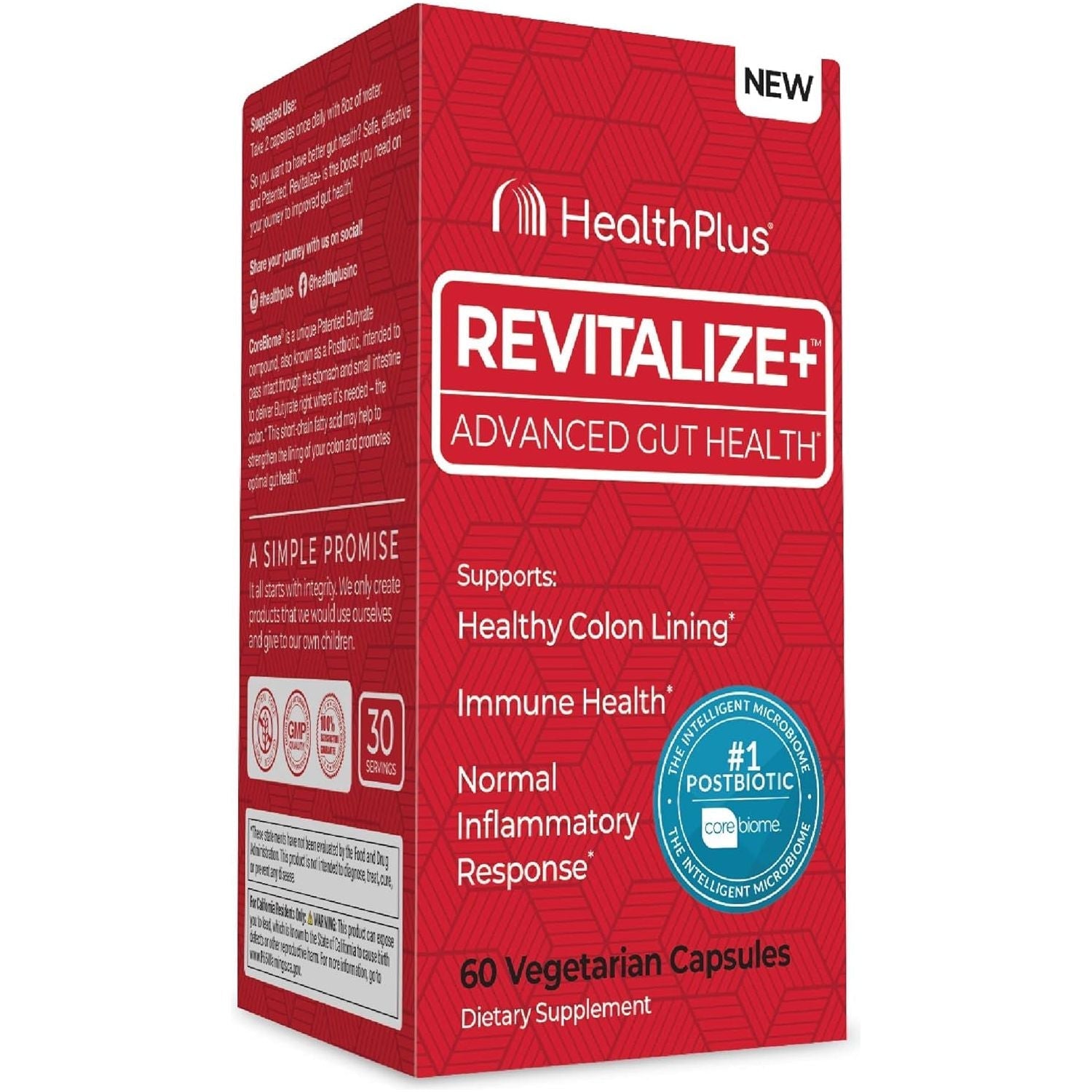 Health plus Revitalize+ Corebiome Tributyrin Postbiotics for Complete Digestive Health, Leaky Gut, Colon 30 Servings