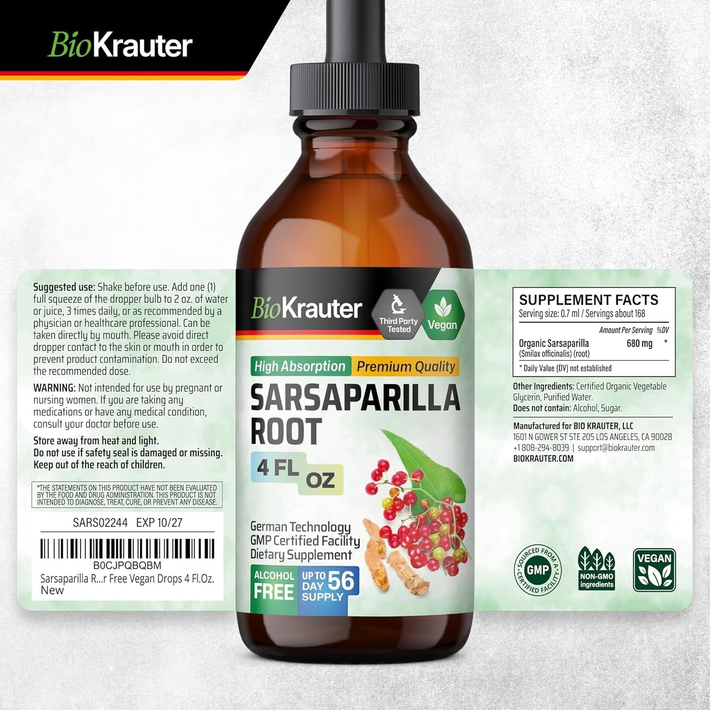 BIO KRAUTER Sarsaparilla Root Tincture for Liver Support 4 Fl.Oz.