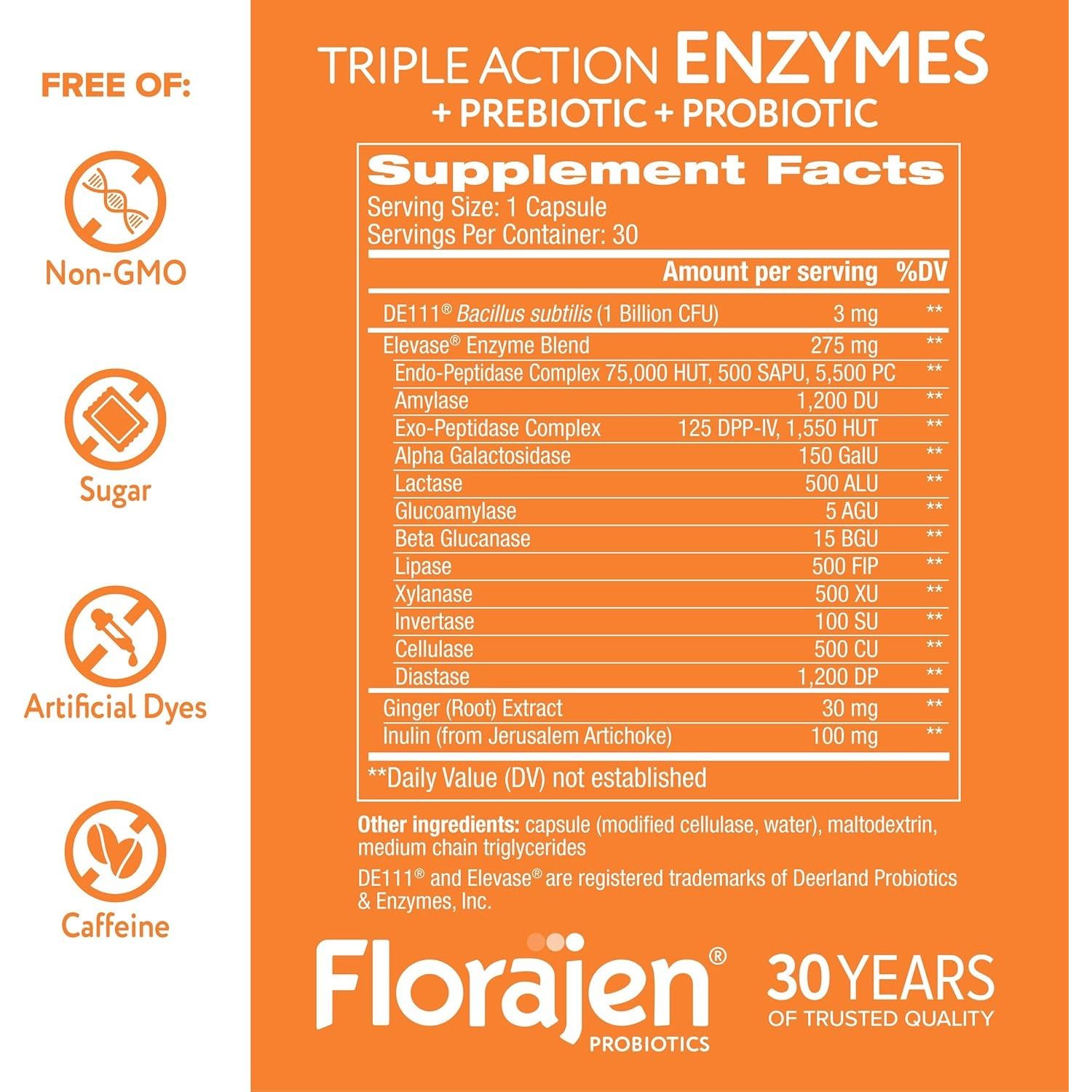Florajen Digestive Enzymes with Probiotics and Prebiotics- Digestive Health, Gut Relief & Bloating - 30Ct